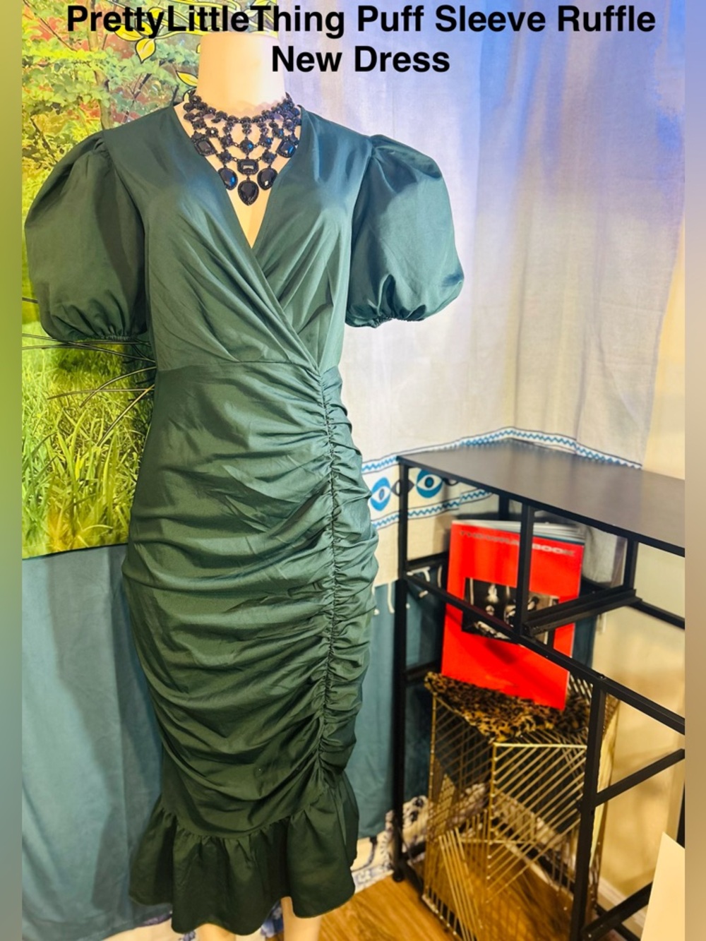 PrettyLittleThing NEW Emerald Green Puff Sleeve Ruffle Midi Dress w Back zipper